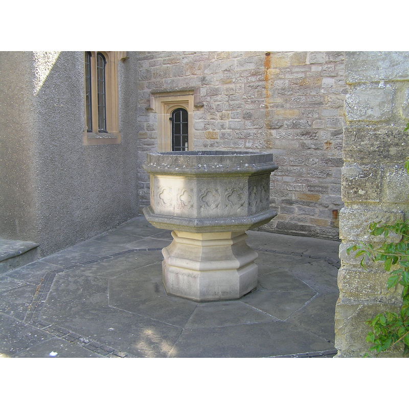 the modern font (?) outside the entrance at Mallet Court [cf. Font notes]