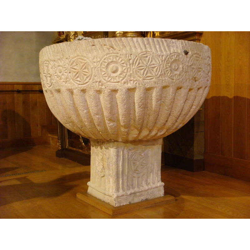 inscribed stars, floral, etc., all around the side of the basin