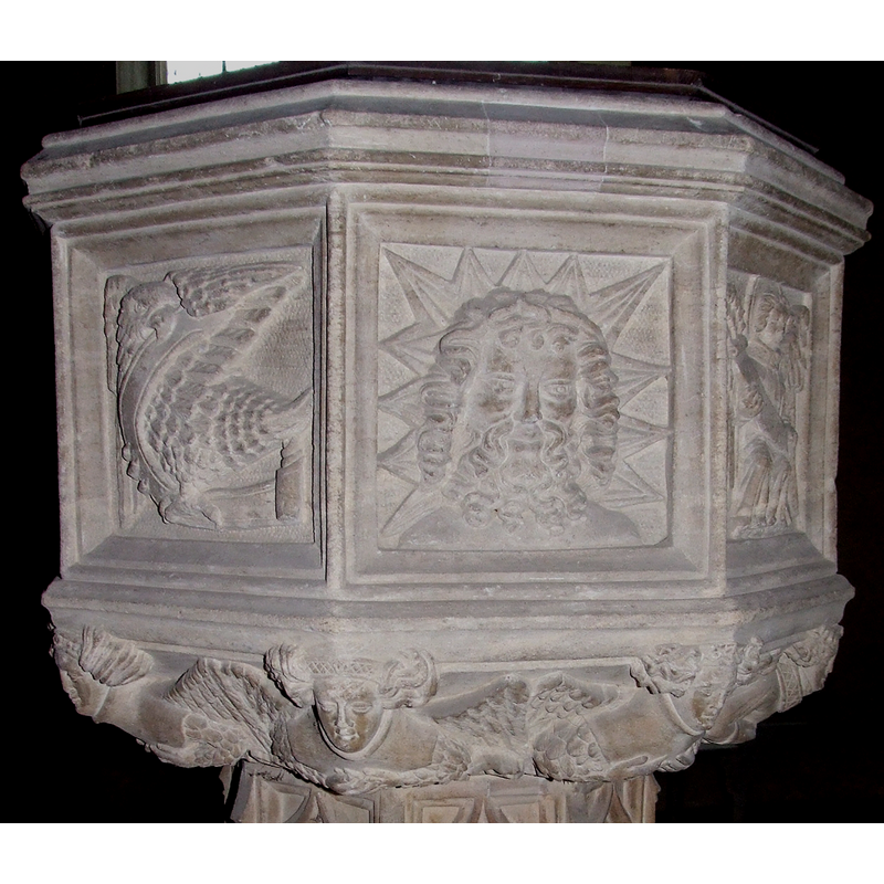 all the figures, symbols and motifs are re-carvings of the 19th century -- notice also the stone-insert repair