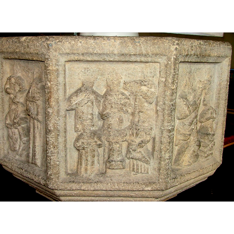 on the left panel is Confirmation; note the type of batismal font used in the sacrament of Baptism in the centre panel; on the right panel is the Baptism of Christ