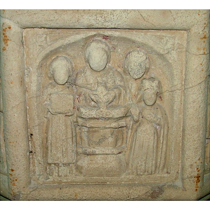 on the east side of the basin; note the design of the font and the position of the baby