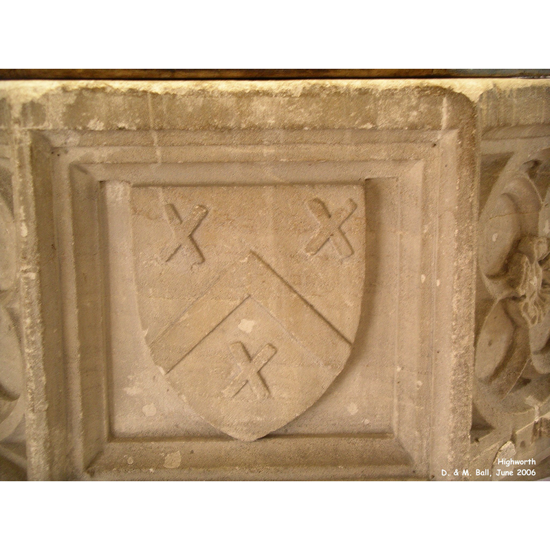 the shield on the left: "a chevron between three saltires" [cf. Font notes]