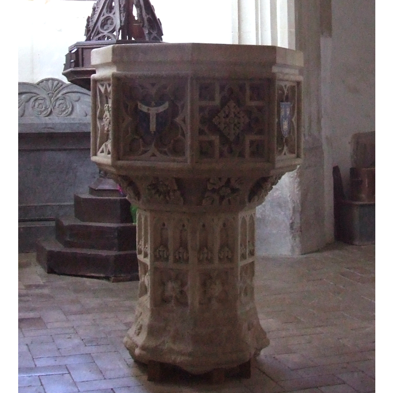 the re-carved medieval font  [cf. Font notes]