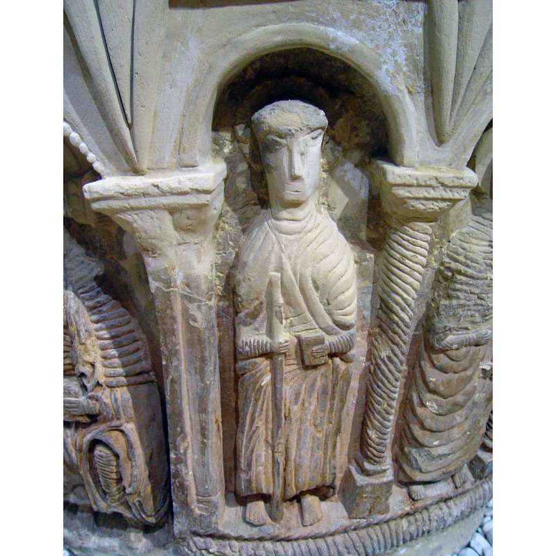 to the right of Christ, on His left; It is unclear what the object the figure holds in his right hand is: Thomas' lance? / Philip's staff minus the cross? / James the Less' pole? / Paul's sword? -- photographed after the 2008 restoration