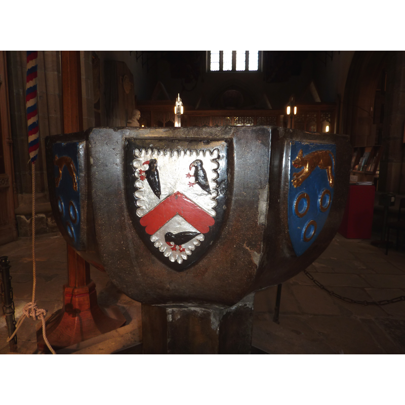 on the south side of the basin: believed to be the arms of Robert Rhodes' wife's family