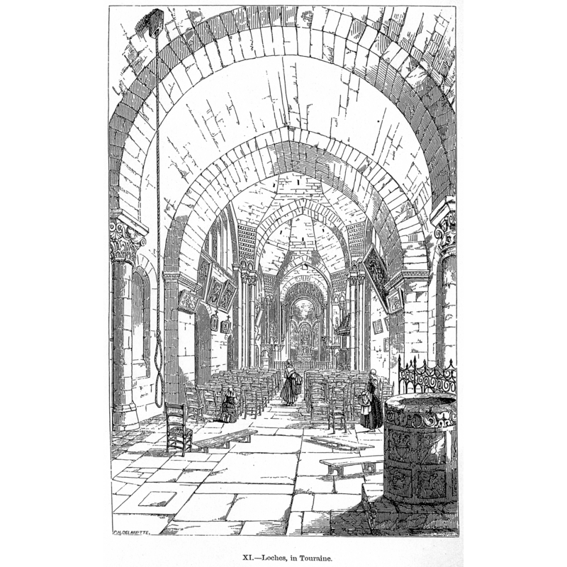 the stoup is located at the west end of the nave, south side; the bell-ringing rope hanging on the left suggests the position is beneath the tower