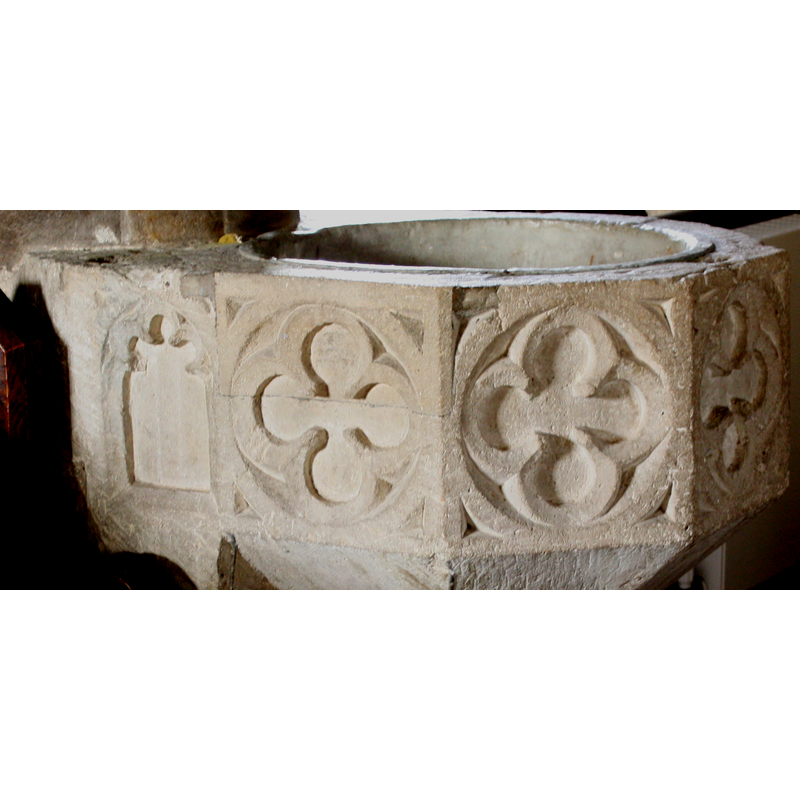 on five of the sides of the basin [the other three are built into the pillar] -- there is a new-stone insert on the left quatrefoiled panel, the upper half