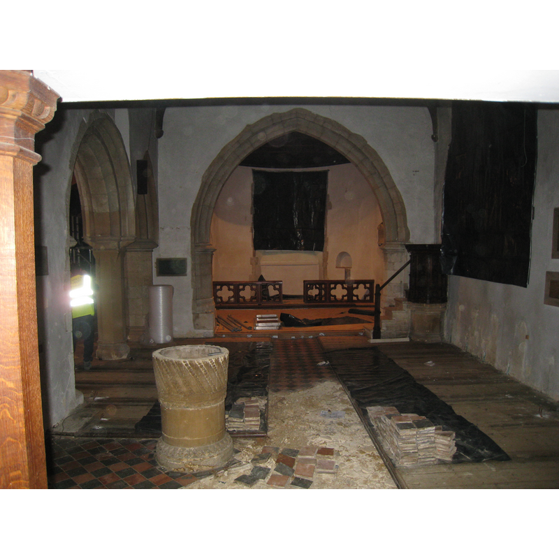 the font in the context of the 2009-2010 renovation of the church interior; photograph taken August 2009