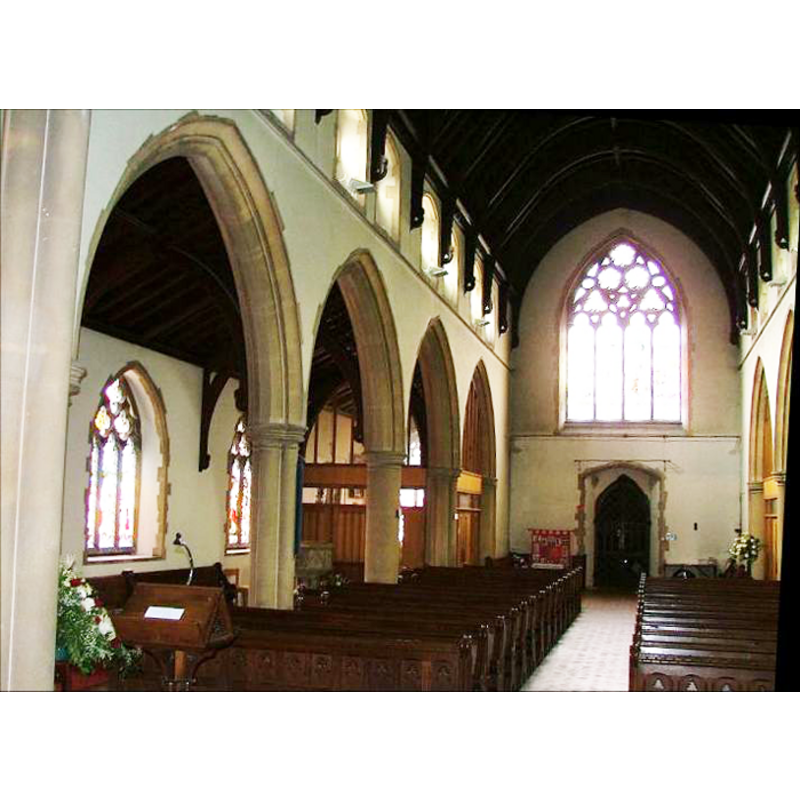 the top of the font is visible at the northwest corner, in the north aisle, just east of the vestry