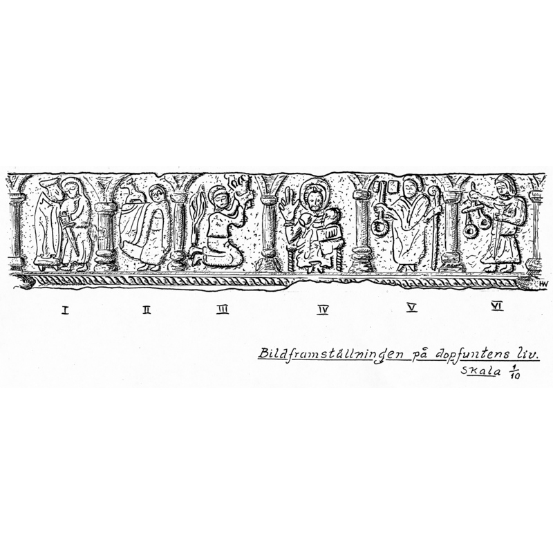 the iconographic programme on the font, starting with the Majestas Domini (L->R)