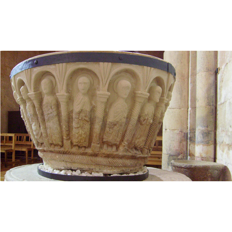 a medieval stoup located now next to the font [visible here on the lower right corner]