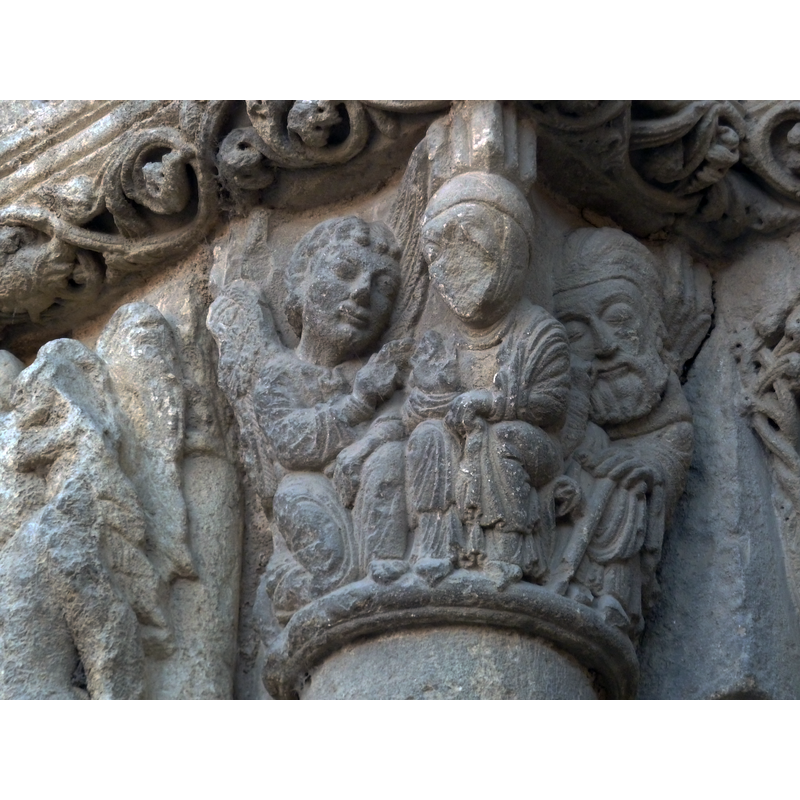 Annunciation to the Virgin; Gabriel and Mary; behind, Joseph with closed eyes
