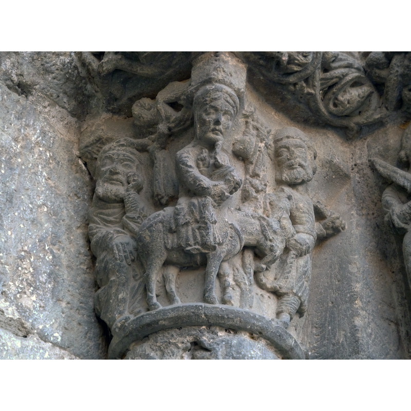 conflated scene: on the left, the dream of Joseph; on the right, the Flight to Egypt