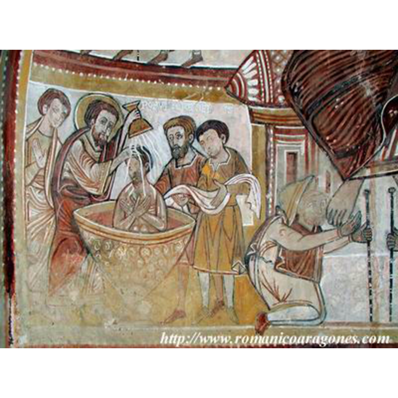 mural painting with the depiction of the baptism of the magus Hermogenes, the enchanter, by St. James the Greater [cf. The Golden Legend [http://www.catholic-forum.com/saints/golden233.htm]]