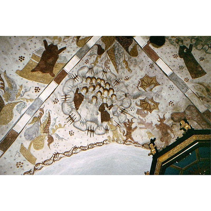 part of the mural paintings on the ceiling of the nave; this area near the pulpit