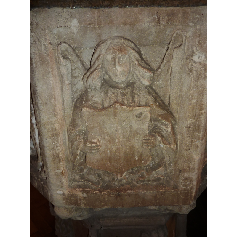 one of four such angels, alternating with the symbols of the Evangelists on the sides of the basin; this is on the north side