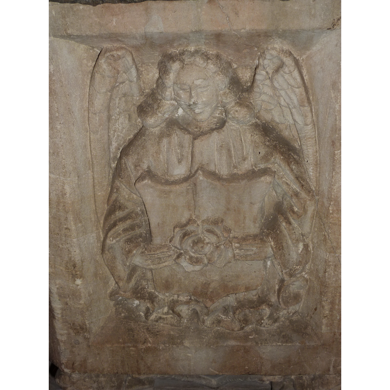 one of four such angels, alternating with the symbols of the Evangelists on the sides of the basin; this is on the south side