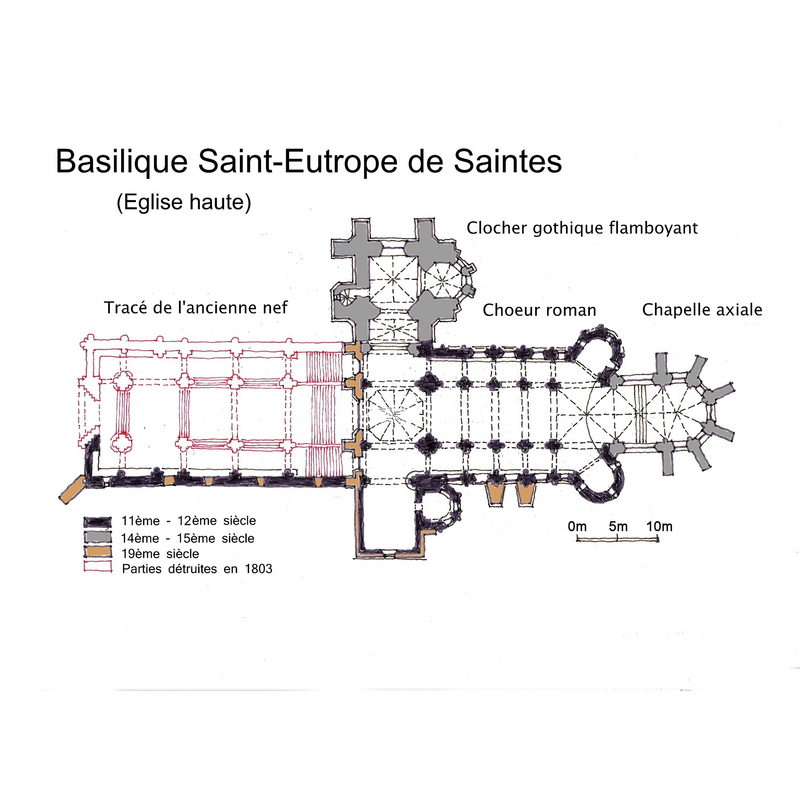 the section in red shows the nave demolished in the 1830s and never rebuilt; the church now ends at the west end of the transept
