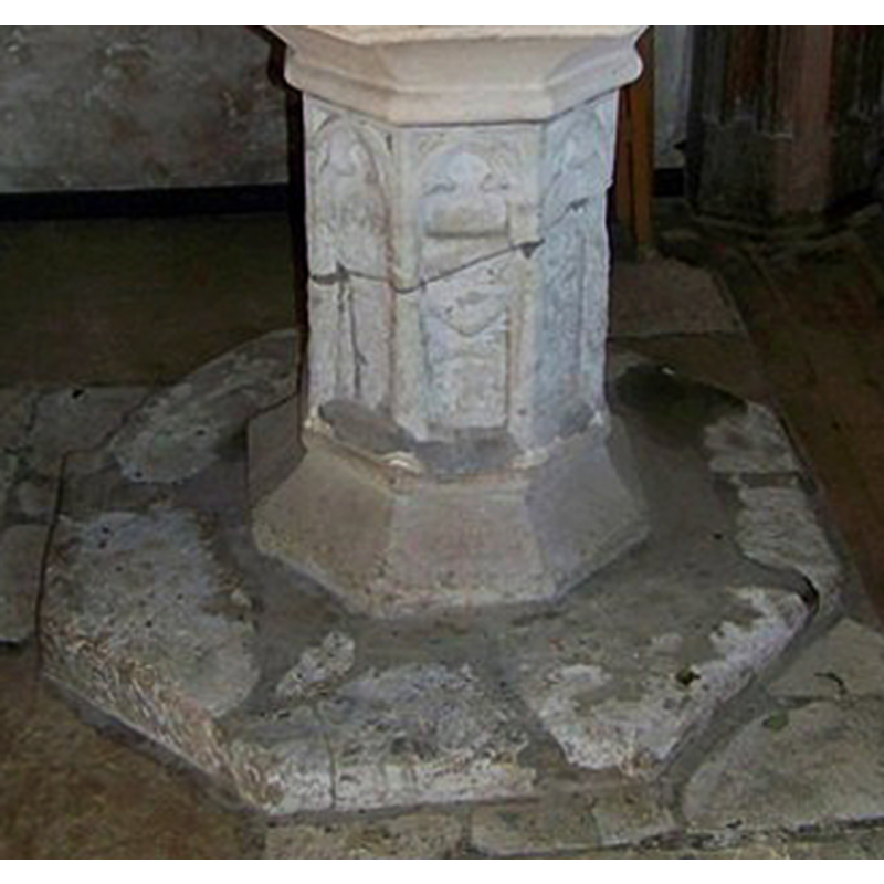 unlike the basin, the carving here appears to be the original; notice the fractured stem [cf. FontNotes]
