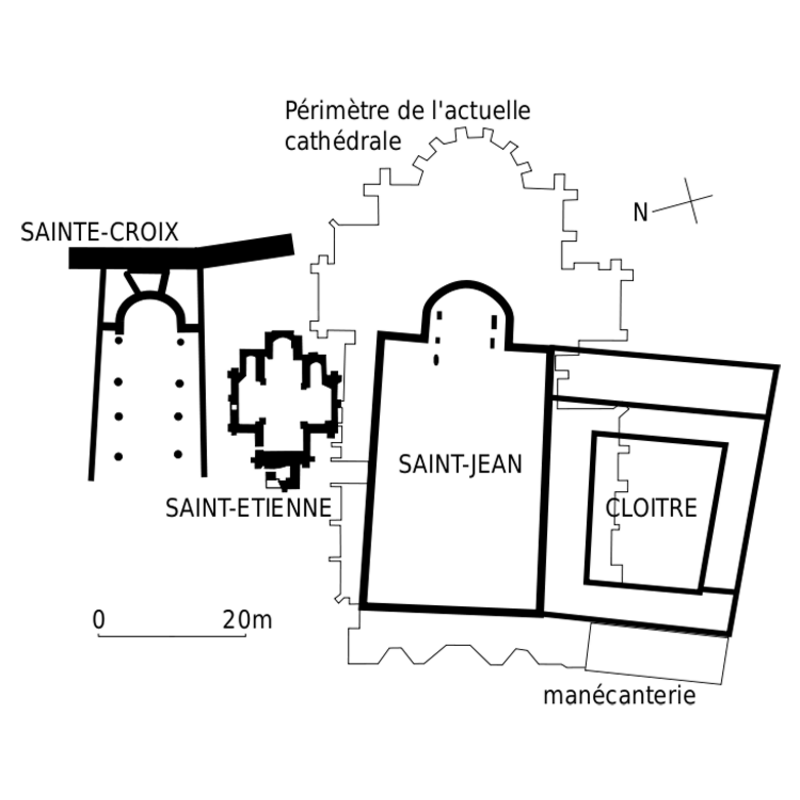 includes the two two disappeared churches near the north side of the present cathedral of Saint-Jean, where the early-Christian baptistery is located