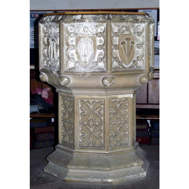 the modern font; sides showing Instruments of the Passion emblems: scourge -- nails