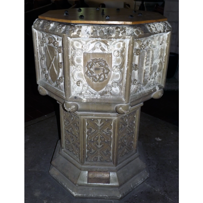 the modern font; sides showing Instruments of the Passion emblems: crossed lance and sponge -- crown of thorns -- ladder