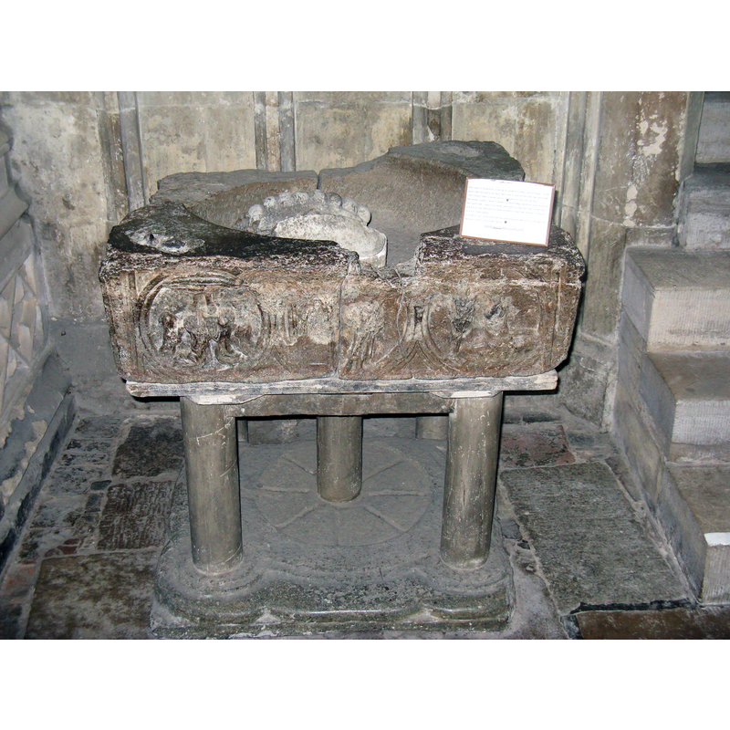the medieval font: "stands in the North Quire Aisle near the Salisbury Chantry" [source: www.christchurchpriory.org [accessed 25 March 2012]]