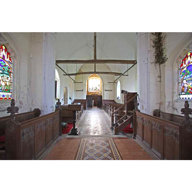 the top of the modern font is visible towards the back (west), on the left (south) side, by the south doorway