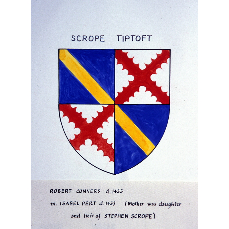 "2. Conyers, impaling, Gules, on a bend Sable three bezants, Markenfield" [cf. FontNotes]