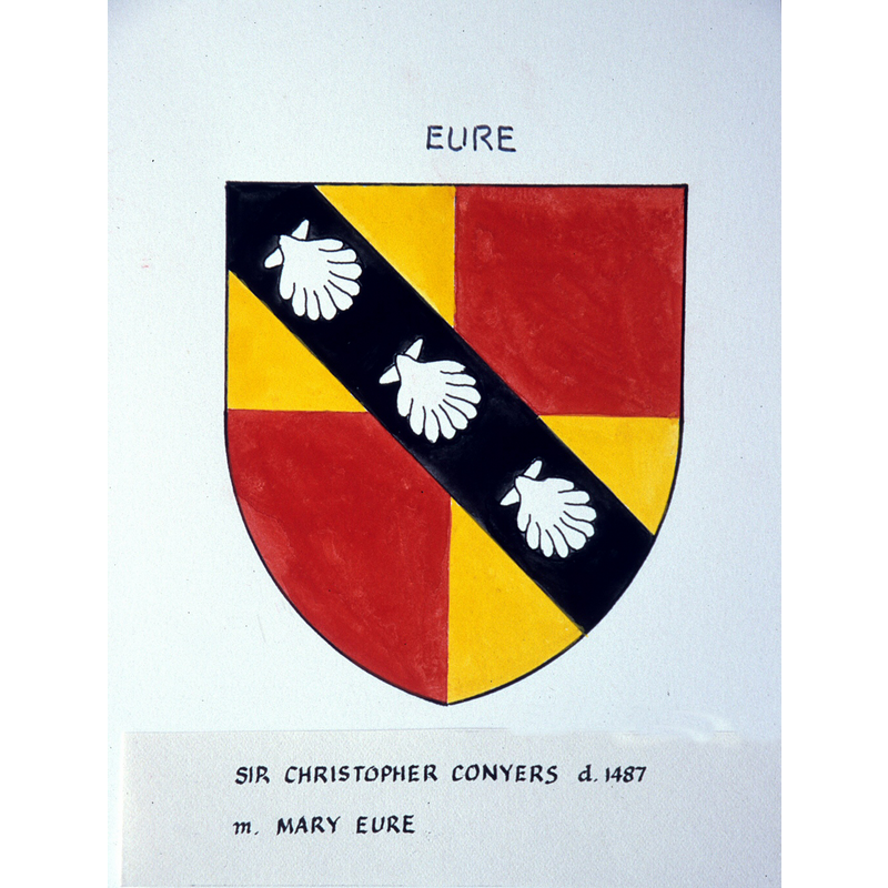 some sources identify these arms with those on the second side of the finial, Conyers & Markenfield. Alfie Alderson [cf. FontNotes] has "Eure - Sir Christopher Conyers d. 1487 m. Mary Eure" [cf. FontNotes]