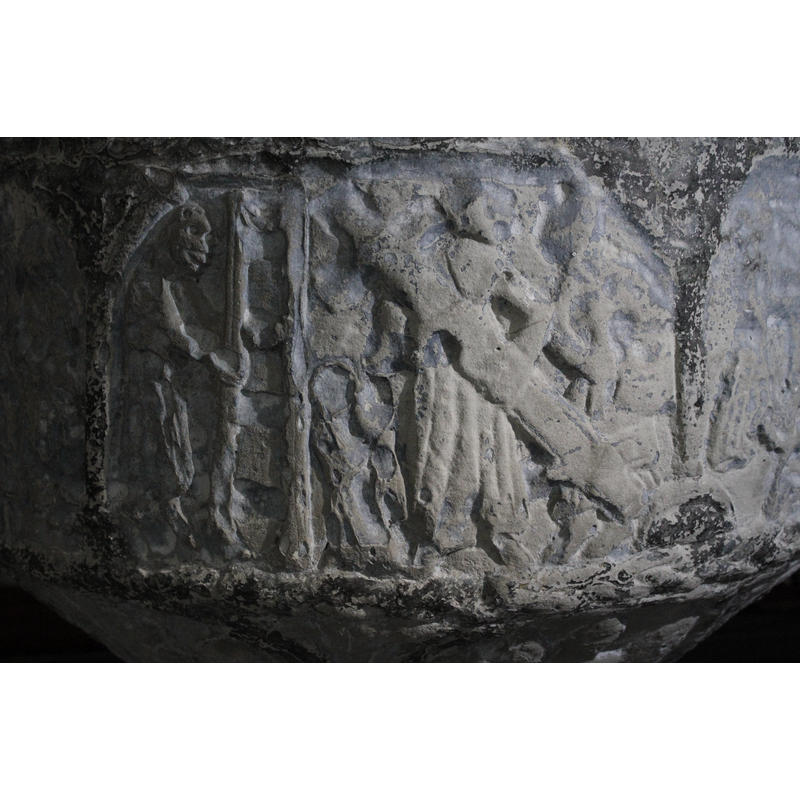 on the east side of the basin; Christ appears to be carrying the cross, with a figure on the right, possibly Simon of Cyrene