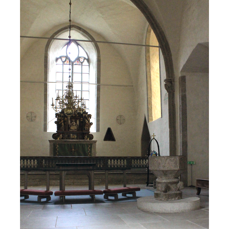 the font, towards the right side of the chancel