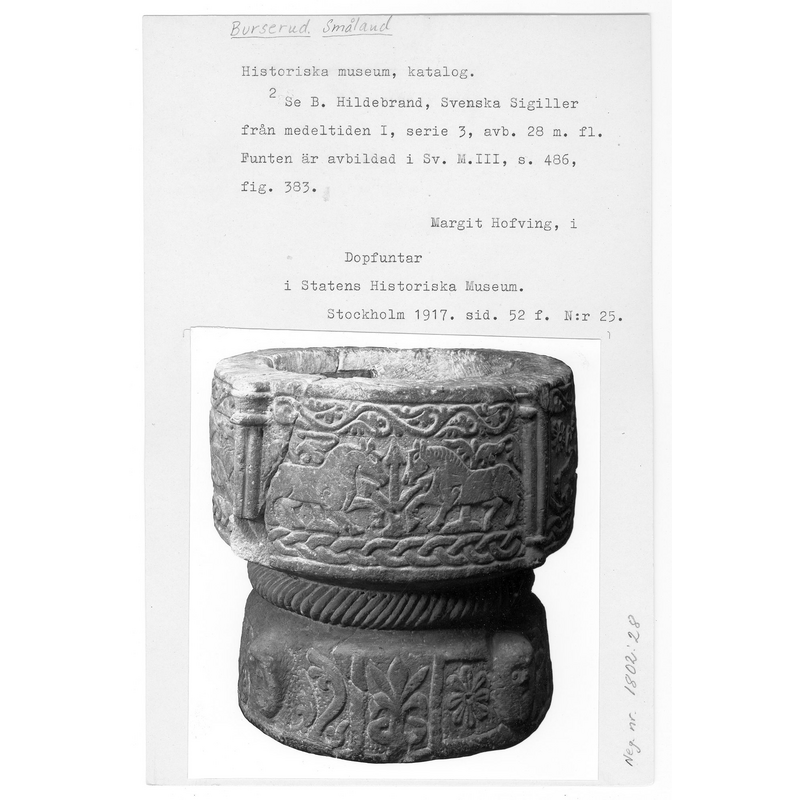 inventory archival notes on this font, Statens Historiska Museum, Stockholm [http://mis.historiska.se/mis/sok/fid.asp?fid=94253] [accessed 8 October 2012]. The B&W photograph attached to this page of the notes is probably from Roosval (1917)