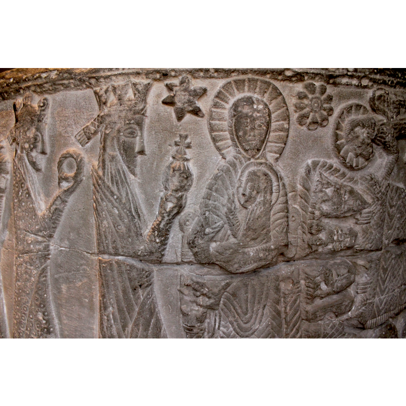 first and secong Magi with their gifts; Crhist Child's cruciferous halo