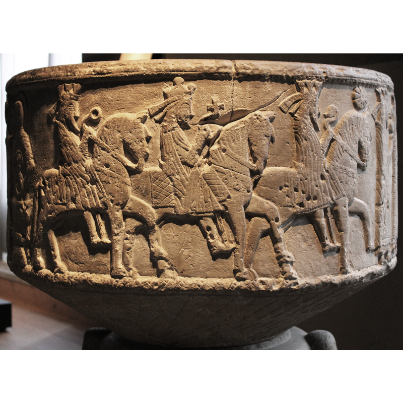 the three holding up their presents; notice the use of stirrups -- the multiple smallholes in the stone surface are caused by a chemical reaction in the stone [source: oral communication from Torsten Svensson to BSI]