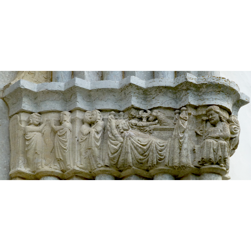 left to right: Annunciation to Mary; Visitation; Nativity with seated Joseph [dream of Joseph?]