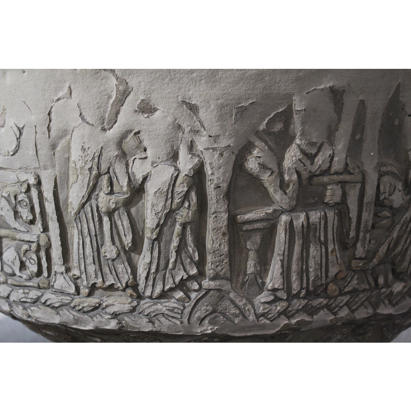 Conflated scene depicted in two arches. Two of the magi point upward, probably gesturing to the star. In the second arch sits king Herod. He is pointing to the magi and looking toward the right at the scene of Christ's birth, indicating his request for the magi to find the Child and tell him where it is located. He holds erect a sword pointed upward.