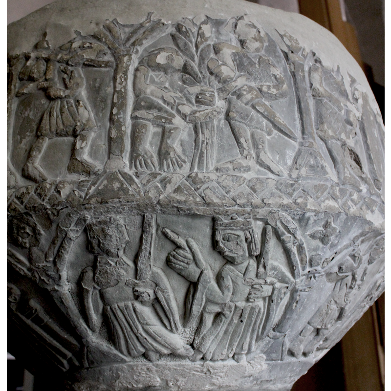 tentative  identification -- two figures armed with swords; the one on the right crowned, seated; points index finger of his six-fingered to figure on the left; the standing figure on the left appears not to be crowned but the area of his head is damaged; carries a sword in his left hand, that arm dressed in a very wide sleeve, like those of the crowned figure to the right; his right hand is not visible. Is it Herod giving instructions?