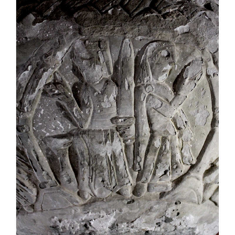 Tentative identification -- this may be part of the departure of the Magi after conferring with Herod, although the figure on the right does not look very royal [is he dressed in pilgrim garb?]