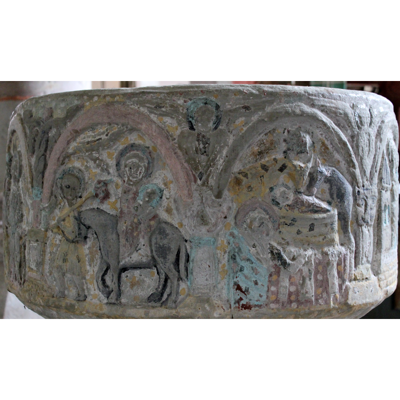 Flight to Egypt in the left arch; Nativity in the right arch