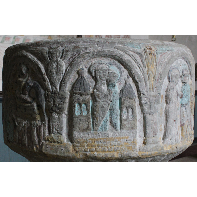containing seven scenes which run right to left -- the columns are not uniform: several of the capitals are lion-head shaped; the others are roughly cushion-shaped