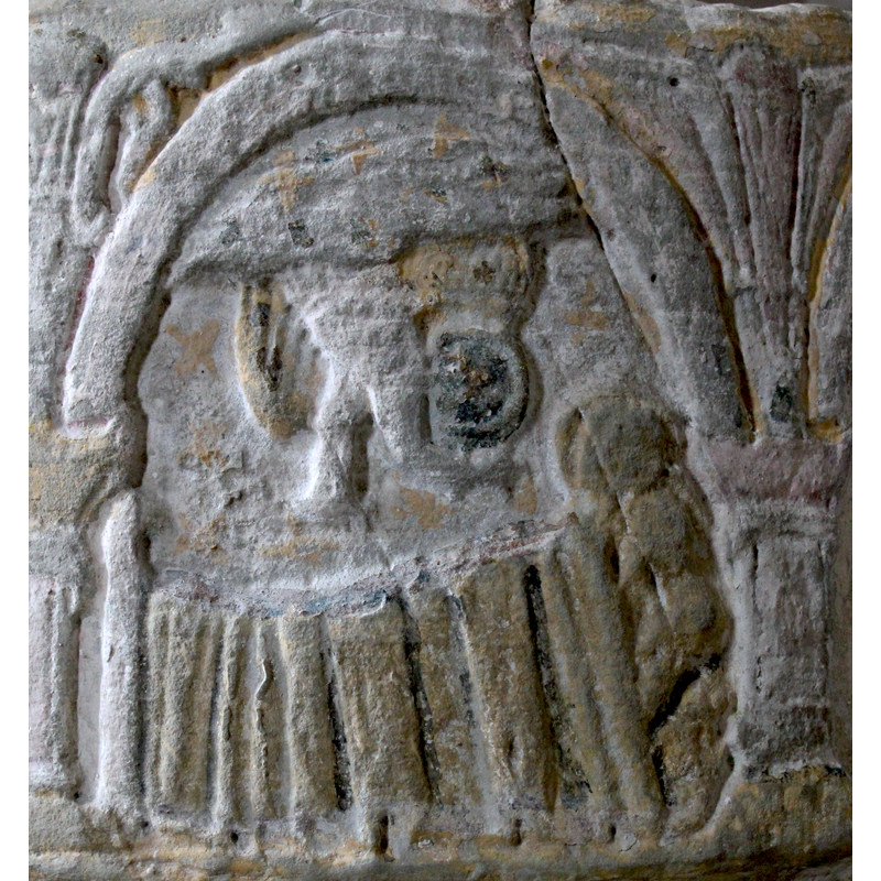 An angel comes out of a cloud above. The three kings are in a bed, their heads at the right of the composition. They are covered in a blanket and lying on a pillow. The angel has two wings and the cloud is a bit irregular. [NB: narrative program proceeds from the right to the left].