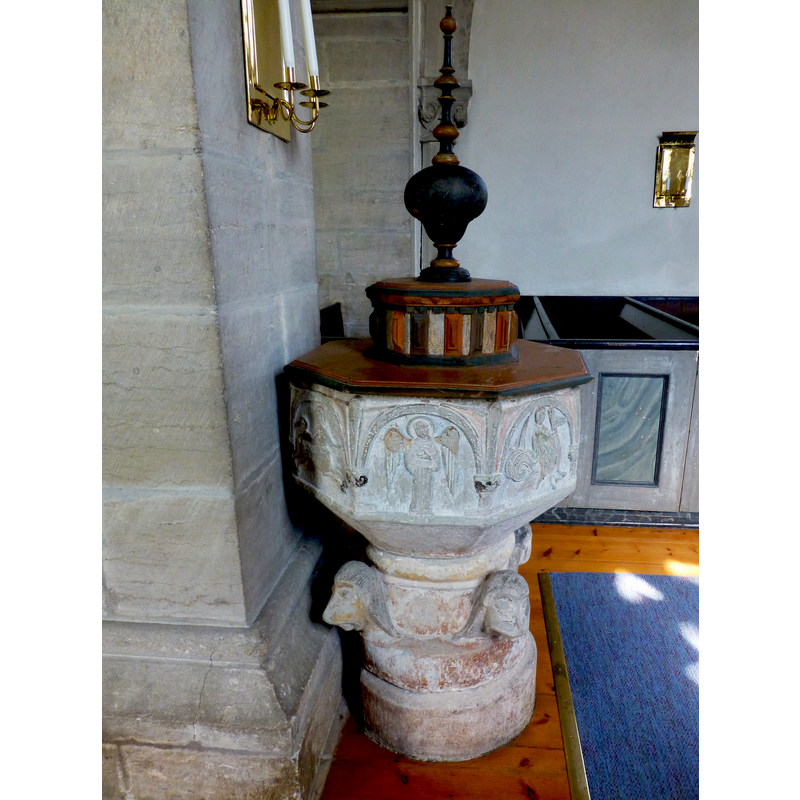 the font is now set close against the pillar of the tower arch, thus impeding view of the west side of the basin