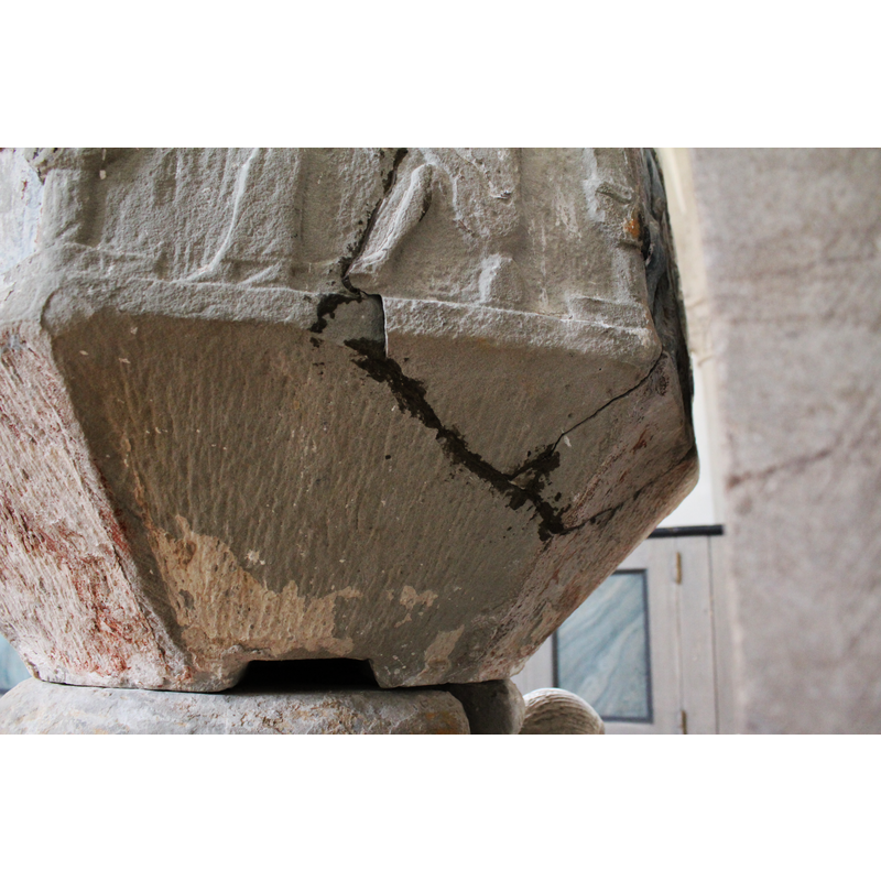 showing 1)the damage and repair, and 2)the plain unpainted surface of most of this side of the underbowl