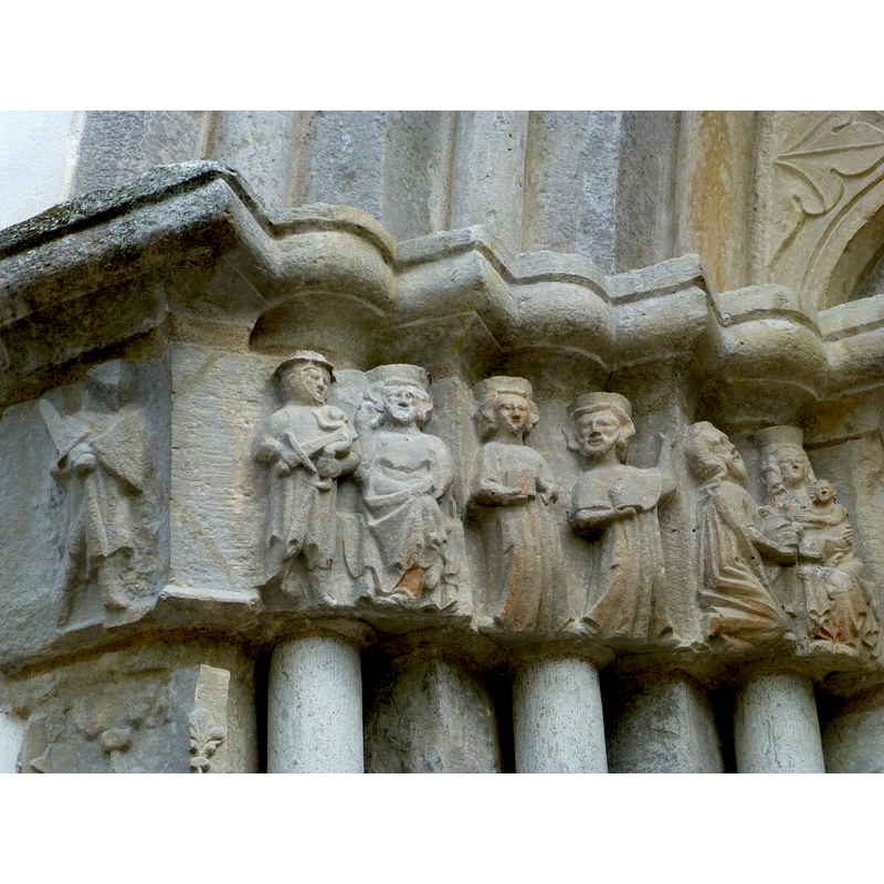 several scenes related to the Childhood of Christ: Massacre of the Innocents with Herod enthroned; [??]; Adoration of the Magi with only one Magus an the enthroned Madonna and Child