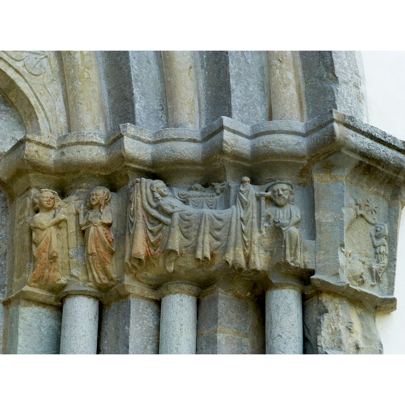 from the left: Annunciation?; Nativity with Child in manger, ox and mule, seated dreaming Joseph, his eyes clearly closed; at the extreme right, probably the annunciation to the Sehpherds