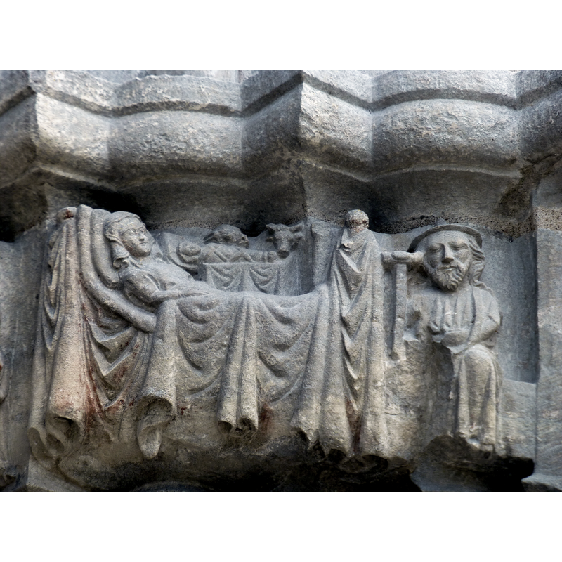 frieze; detail; Nativity with dreaming Joseph, his eyes firmly closed
