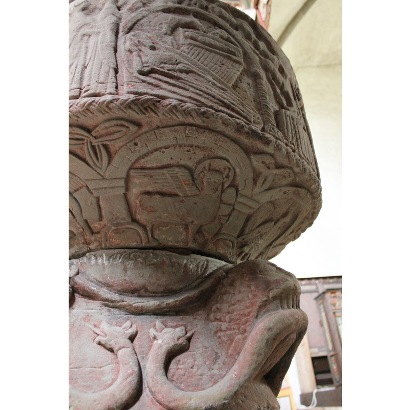 [orientation is approximate] -- showing the correspondence between the Nativity on the basin side, and the symbol for Luke in the arch below