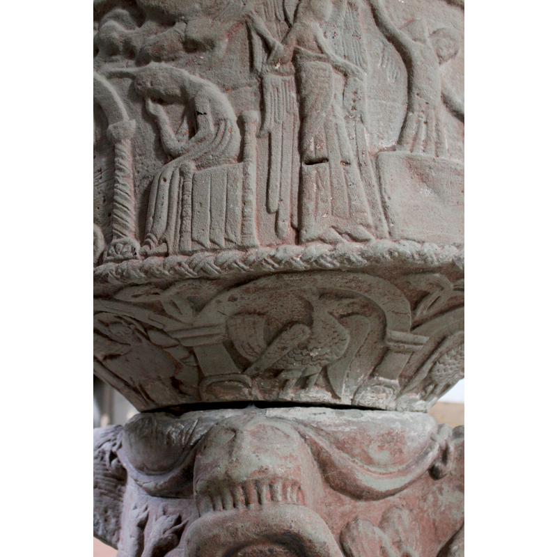 [orientation is approximate] -- showing the correspondence with two partial scenes on the side of the basin:  the Dream of Joseph on the left, the angel and a shepherd of the Annunciation to the Shepherds on the right
