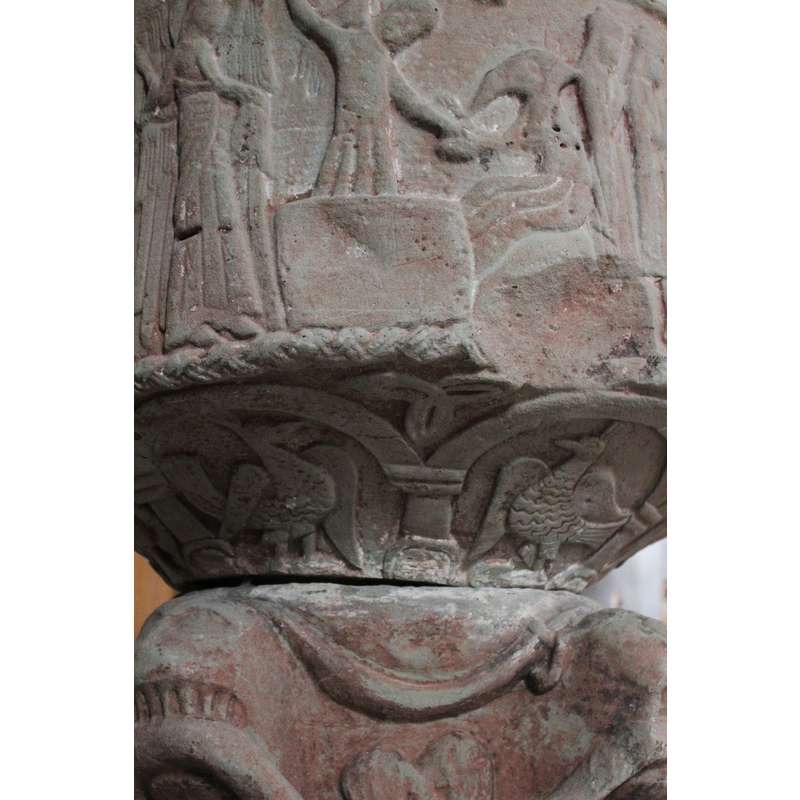 [orientation is approximate] -- showing the correspondence with the Annunciation to the Shepherds on the side of the basin -- notice the damage to the lower basin side and the braided motif